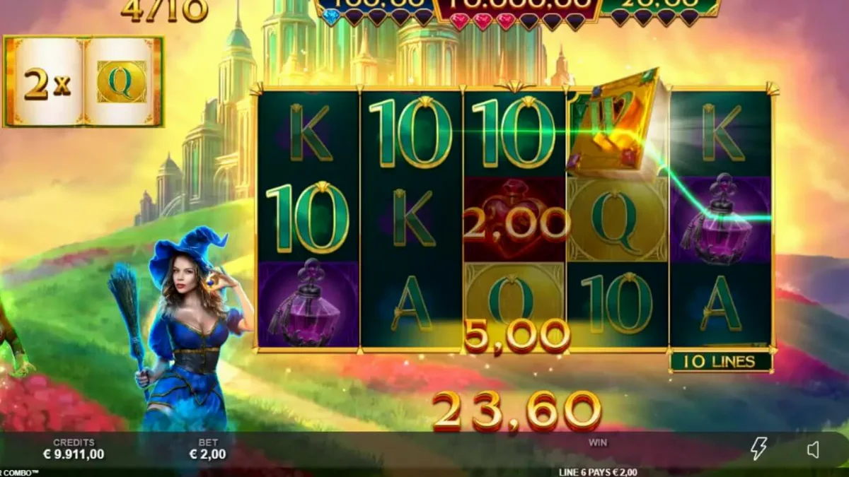 Visual vibrante e mágico do slot Book of Oz Magic 5 Power Combo com a Cidade das Esmeraldas ao fundo