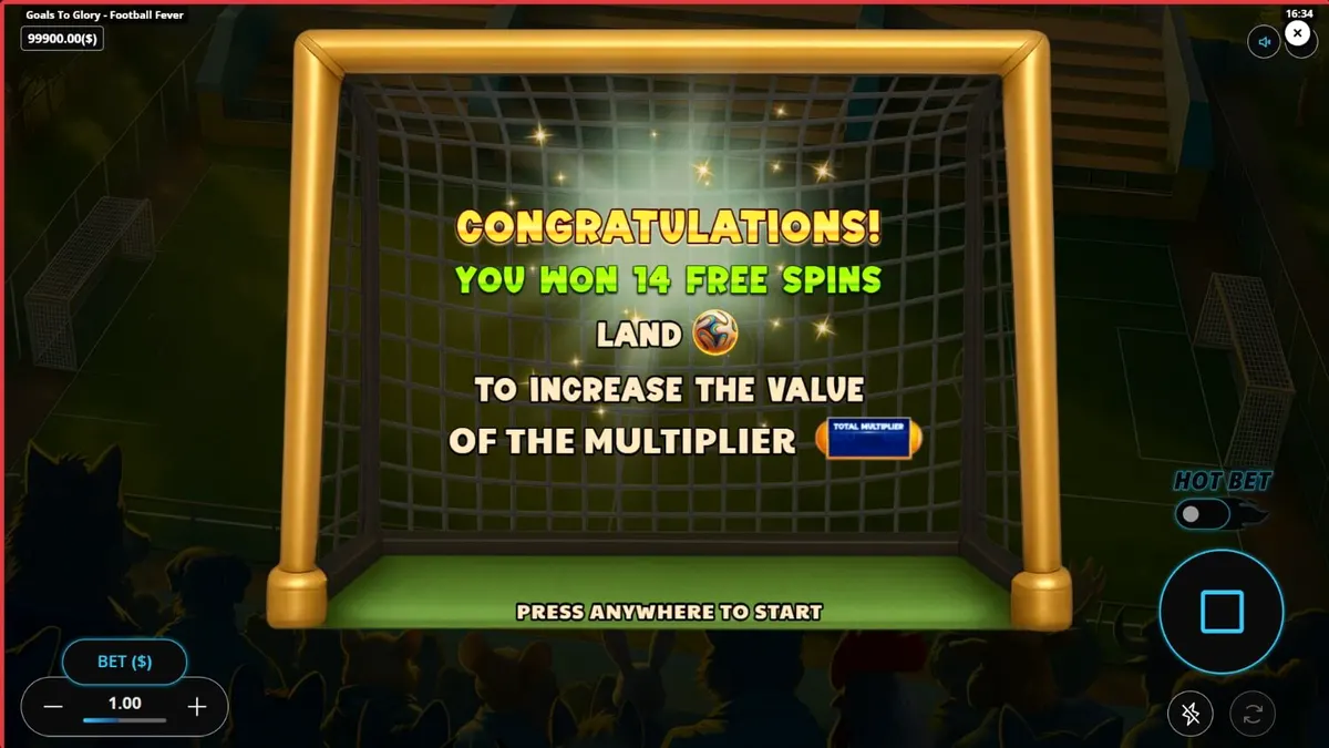 Personagens animais jogando futebol em um estádio vibrante no slot Goals to Glory